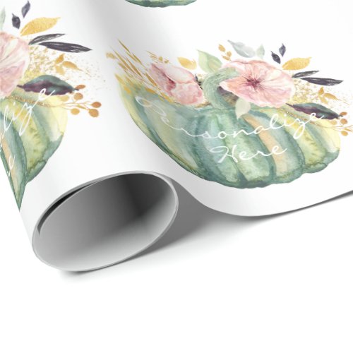 Blue pumpkin floral fall watercolor elegant autumn wrapping paper