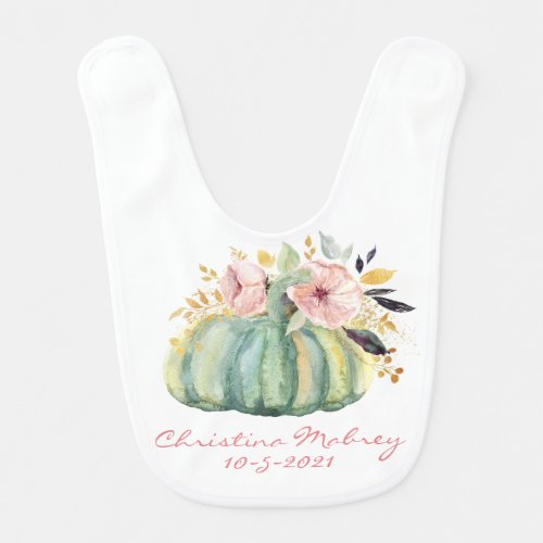 Blue pumpkin floral fall watercolor elegant pink baby bib