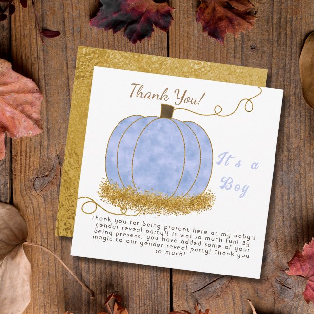 Blue Pumpkin Gender Reveal Party Its a Boy Thank You Card (Creator Uploaded)