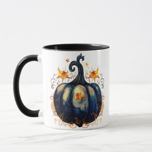 Blue Pumpkin Gold Scrolls Leaves Halloween Mug
