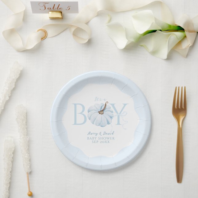 Blue Pumpkin It's a Boy Modern Fall Baby Shower Paper Plates (Wedding)