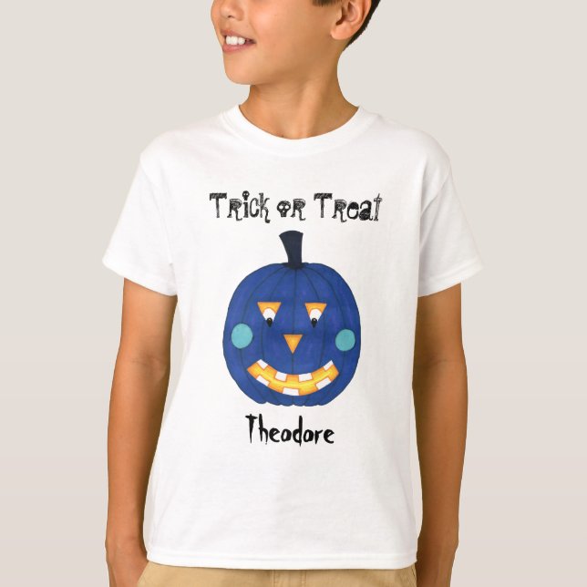 Blue Pumpkin Jack O Lantern Trick or Treat Name T-Shirt (Front)