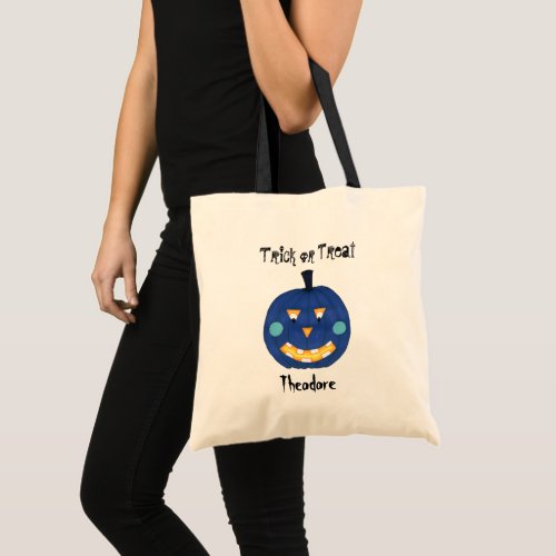 Blue Pumpkin Jack O Lantern Trick or Treat Name Tote Bag