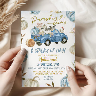 Blue Pumpkin Leaves and Stacks of Hay Birthday Invitation