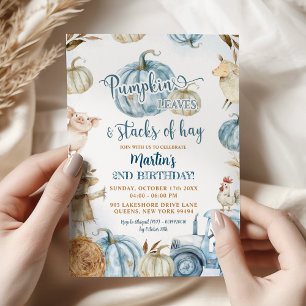 Blue Pumpkin Leaves and Stacks of Hay Birthday Invitation