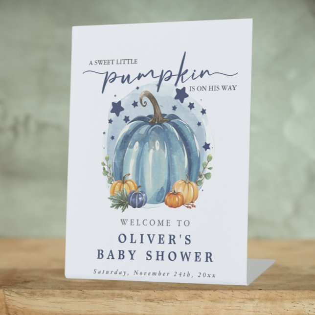 Blue Pumpkin On His Way Boy Baby Shower Welcome Pedestal Sign (Creator Uploaded)