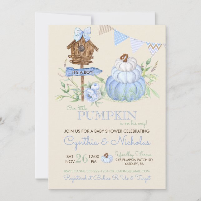 Blue Pumpkin Patch Birdhouse Boy Baby Shower Invitation (Front)