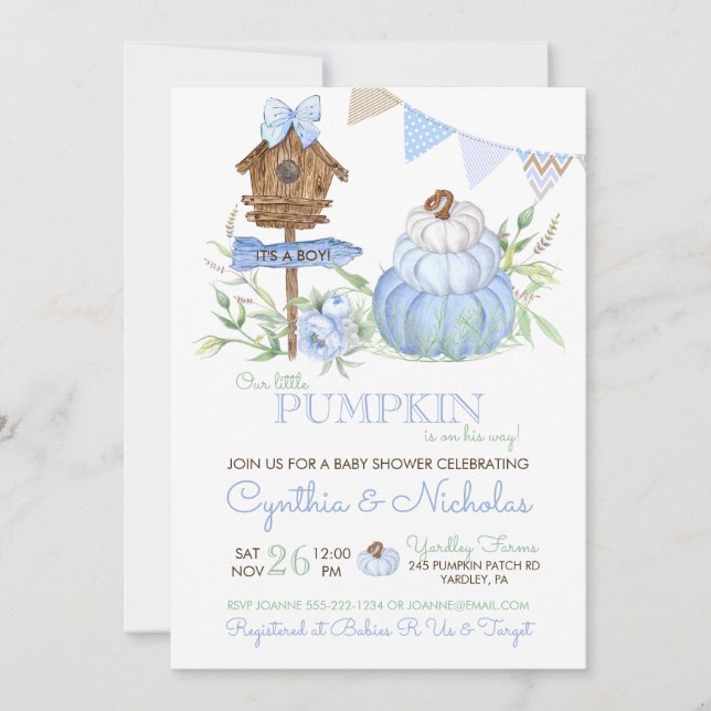 Blue Pumpkin Patch Birdhouse Boy Baby Shower Invitation (Front)