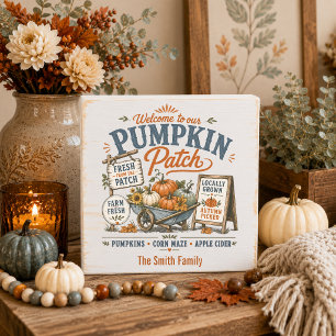 Blue Pumpkin Patch Personalized Farmhouse Tabletop Wooden Box Sign