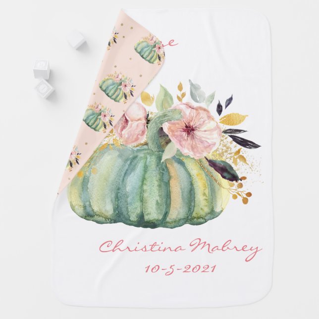 Blue pumpkin pink floral fall watercolor elegant  baby blanket (In Situ)