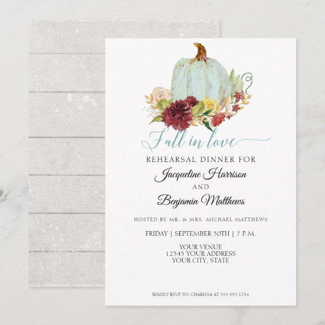 Blue Pumpkin Rustic Burgundy Floral Rehearsal Invitation (Front/Back)
