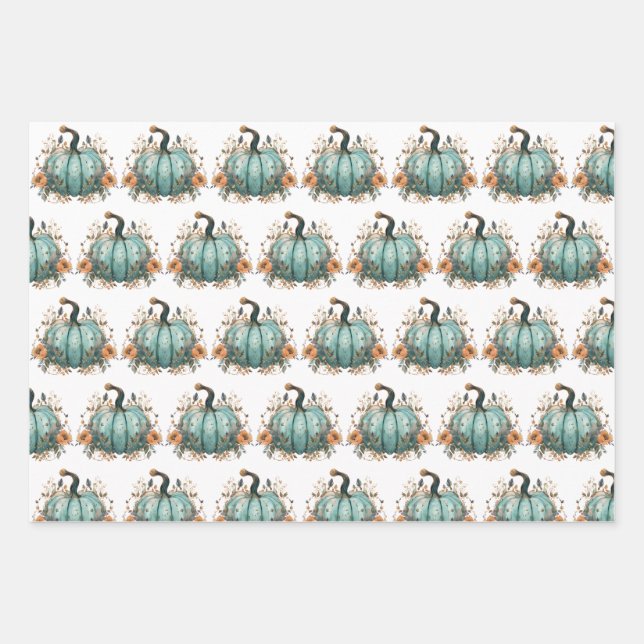Blue Pumpkin Rustic Thanksgiving papers Wrapping Paper Sheets (Front 3)