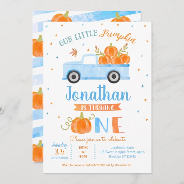 Blue Pumpkin Truck 1st Birthday Invitation Boy (Front/Back)