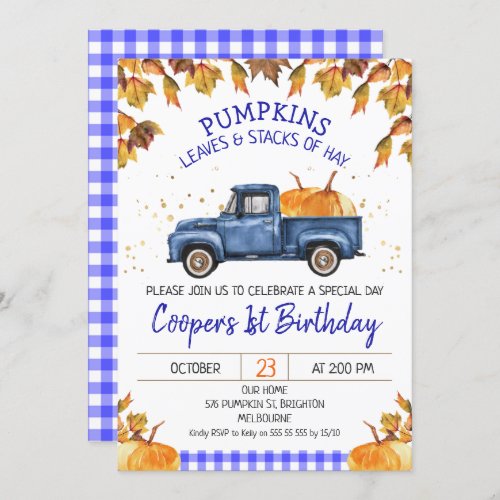 Blue Pumpkin Truck Autumn Foliage Birthday Invitation