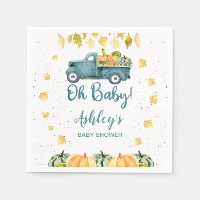 Blue Pumpkin Truck Autumn Leaves Baby Shower Paper Napkins (Front)