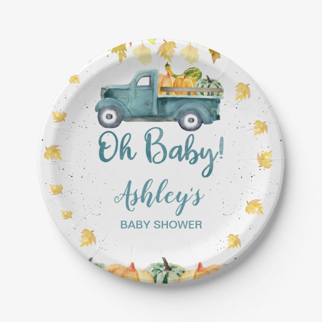 Blue Pumpkin Truck Autumn Leaves Baby Shower  Paper Plates (Front)