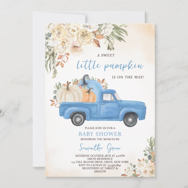 Blue Pumpkin Truck Baby Shower Invitation (Front)