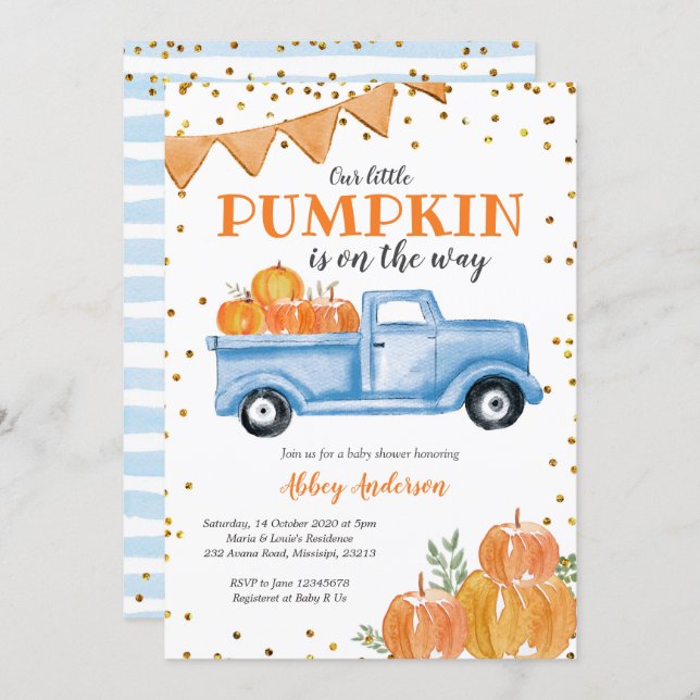 Blue Pumpkin Truck Baby Shower Invitation (Front/Back)