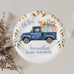 Blue Pumpkin Truck Baby Shower Paper  Paper Plates<br><div class="desc">Blue Pumpkin Truck Baby Shower Paper Paper Plate Boy's autumn foliage pumpkin truck baby shower paper plate featuring a dark blue truck and light blue and orange pumpkins. This design also features some brown foliage and dots. This fall themed pumpkin truck boy's baby shower plate is ideal for a baby...</div>