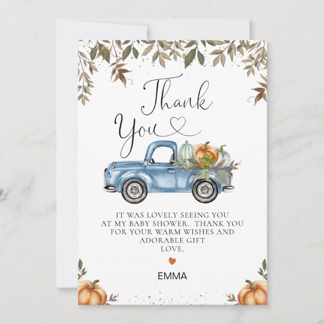  Blue Pumpkin Truck Baby Shower Thank You Card (Front)