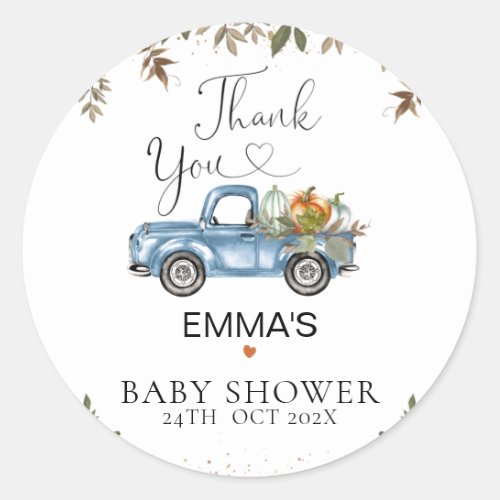  Blue Pumpkin Truck Baby Shower Thank You Sticker