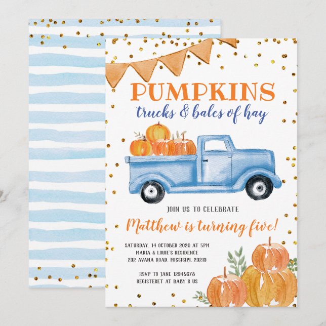 Blue Pumpkin Truck Birthday Invitation (Front/Back)