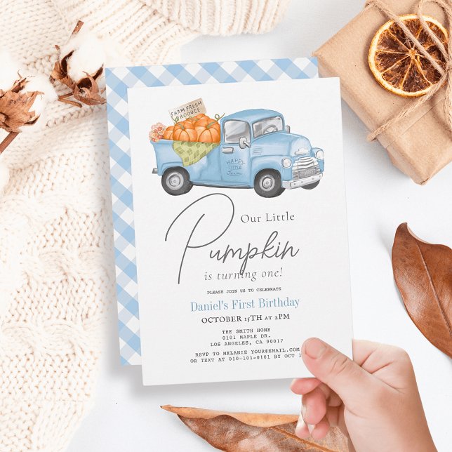 Blue Pumpkin Truck Gingham Boy 1st Birthday Invitation (Creator Uploaded)