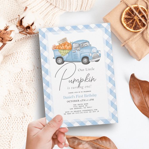 Blue Pumpkin Truck Gingham Boy 1st Birthday Invitation