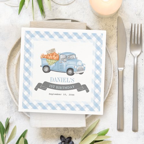 Blue Pumpkin Truck Gingham Boy 1st Birthday Napkins