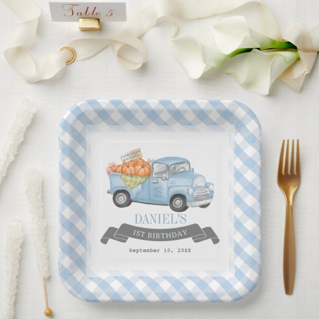 Blue Pumpkin Truck Gingham Boy 1st Birthday Paper Plates (Wedding)
