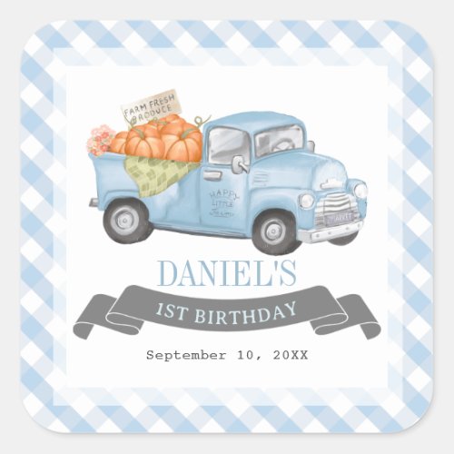 Blue Pumpkin Truck Gingham Boy 1st Birthday Square Sticker