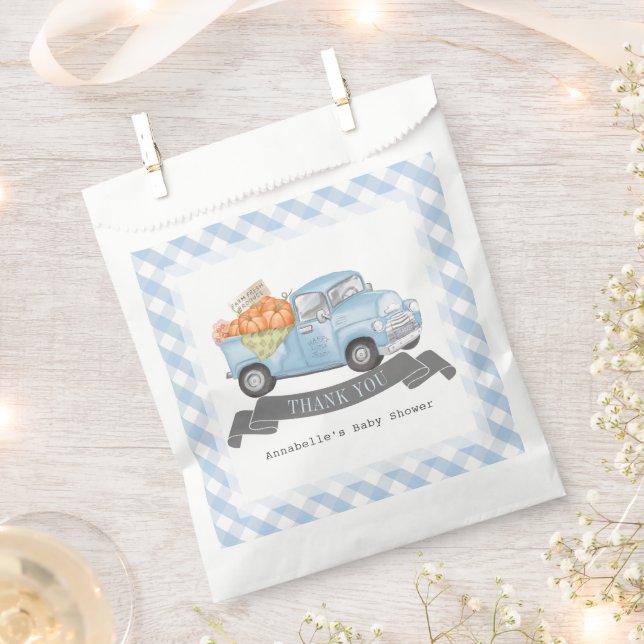 Blue Pumpkin Truck Gingham Boy Baby Shower Favor Bag (Clipped)