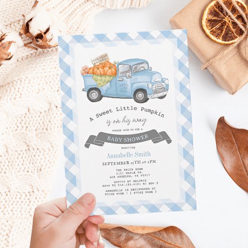 Blue Pumpkin Truck Gingham Boy Baby Shower Invitation