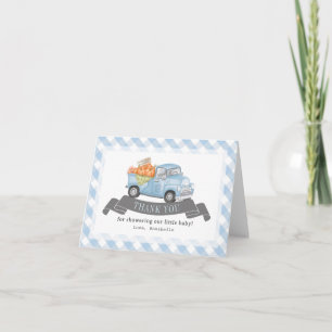 Blue Pumpkin Truck Gingham Boy Baby Shower Letterpress Thank You Card