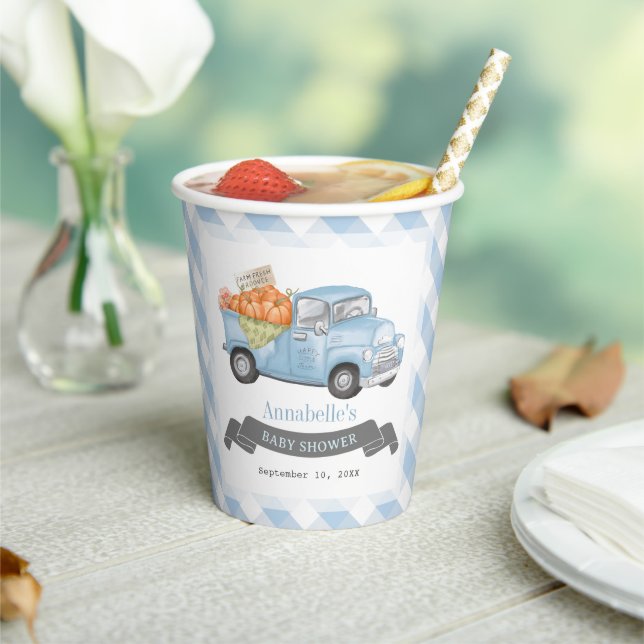 Blue Pumpkin Truck Gingham Boy Baby Shower Paper Cups (Insitu)