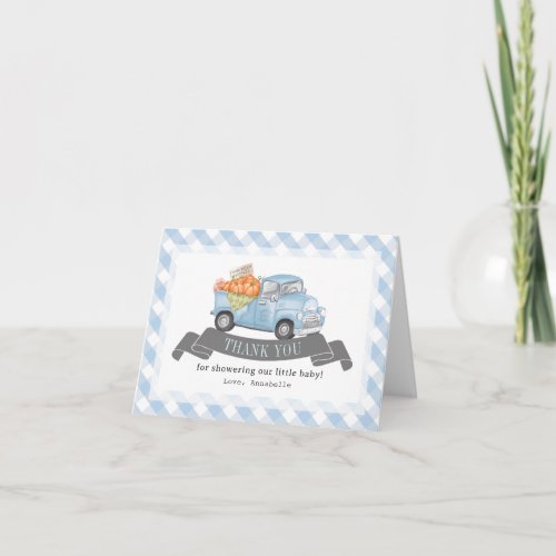 Blue Pumpkin Truck Gingham Boy Baby Shower Thank You Card