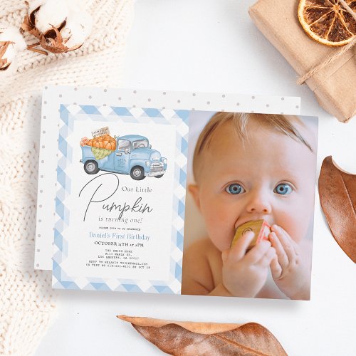 Blue Pumpkin Truck Gingham Boy Photo 1st Birthday Invitation