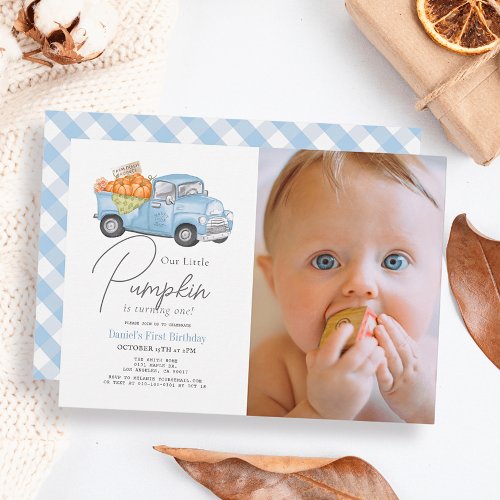 Blue Pumpkin Truck Gingham Boy Photo 1st Birthday Invitation