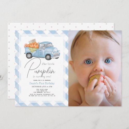 Blue Pumpkin Truck Gingham Boy Photo 1st Birthday Invitation