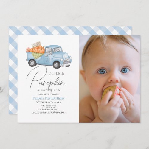 Blue Pumpkin Truck Gingham Boy Photo 1st Birthday Invitation