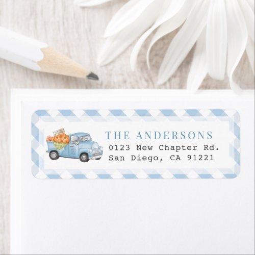 Blue Pumpkin Truck Gingham Return Address Label