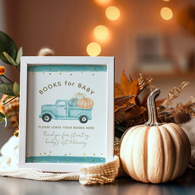 Blue Pumpkin Truck Modern Fall Baby Shower Book Poster (Creator Uploaded)