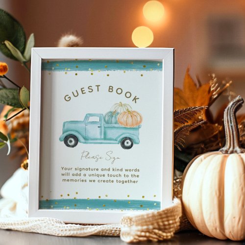 Blue Pumpkin Truck Modern Fall Baby Shower Book Poster