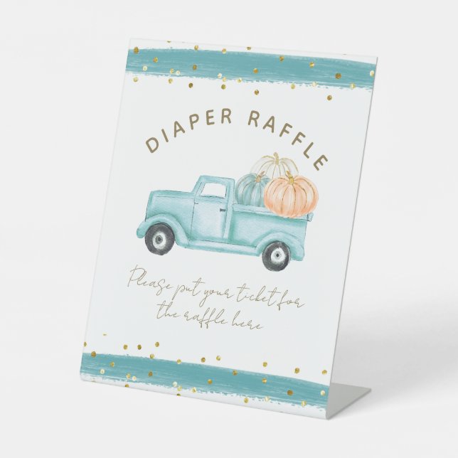 Blue Pumpkin Truck Modern Fall Baby Shower Diaper Pedestal Sign (Front)