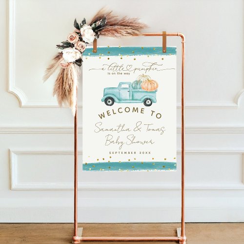 Blue Pumpkin Truck Modern Fall Baby Shower  Poster