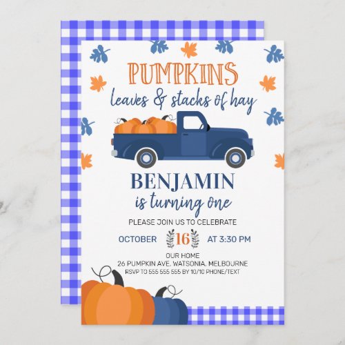 Blue Pumpkin Truck Pumpkin Leaves And Hay Birthday Invitation