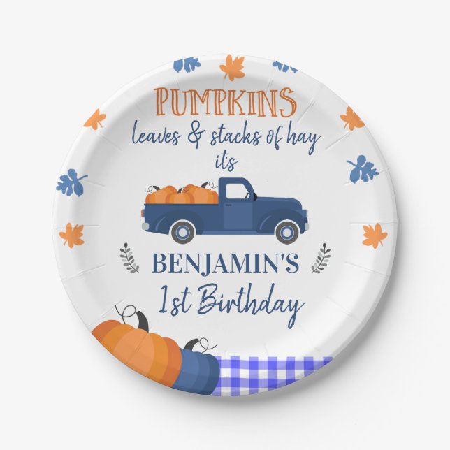 Blue Pumpkin Truck Pumpkin Leaves And Hay Birthday Paper Plates (Front)