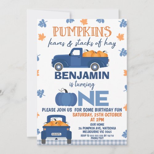 Blue Pumpkin Truck Pumpkin Leaves Hay 1st Birthday Invitation