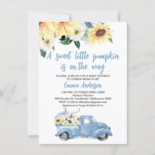 Blue Pumpkin Truck Sunflowers Baby Shower  Invitation