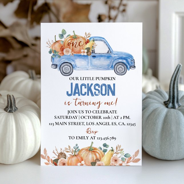Blue Pumpkin Truck Turning One First Birthday Invitation (Creator Uploaded)